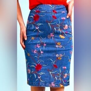 Anthropologie I Maeve Floral Embroidered Blue Denim Long Pencil Skirt